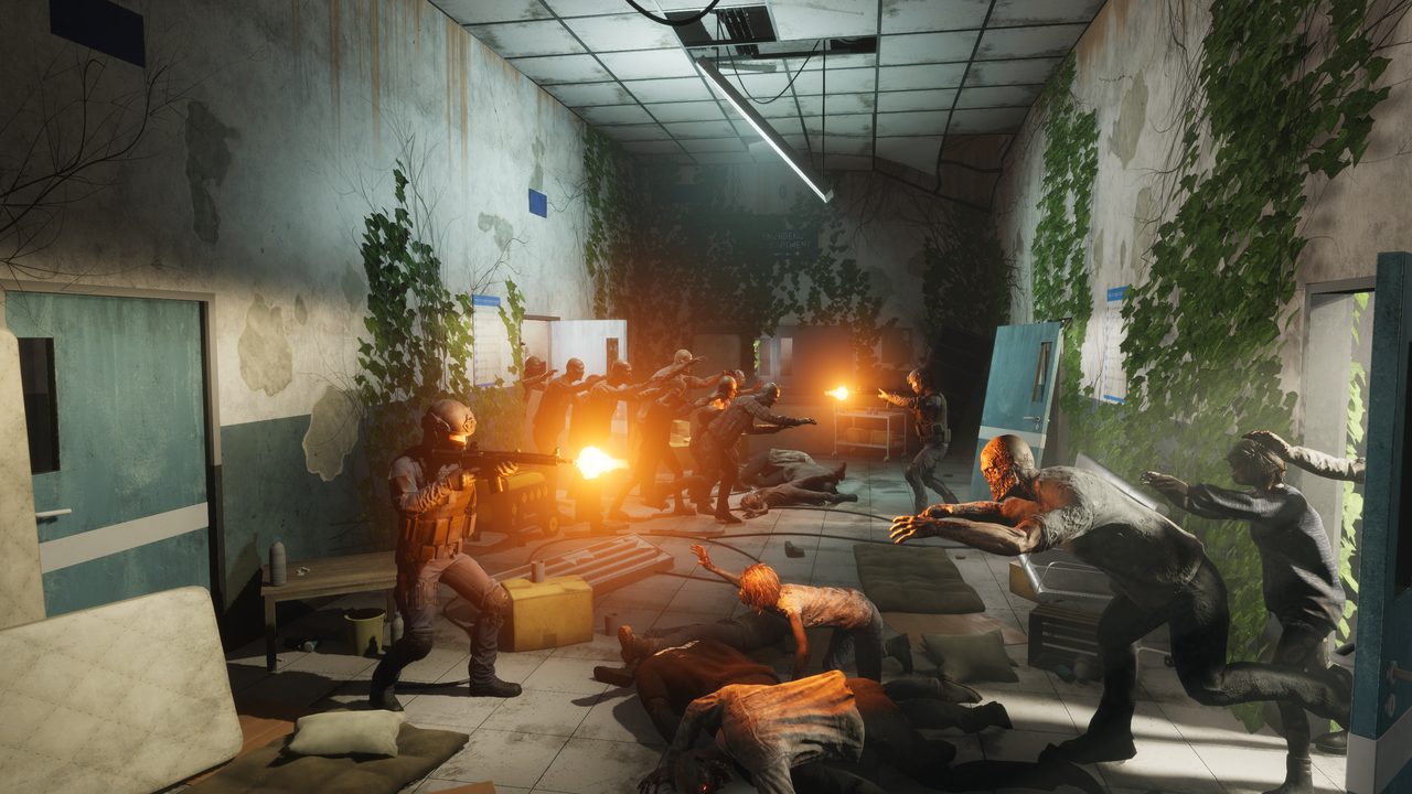 Team van spelers vecht samen tegen zombies in VR