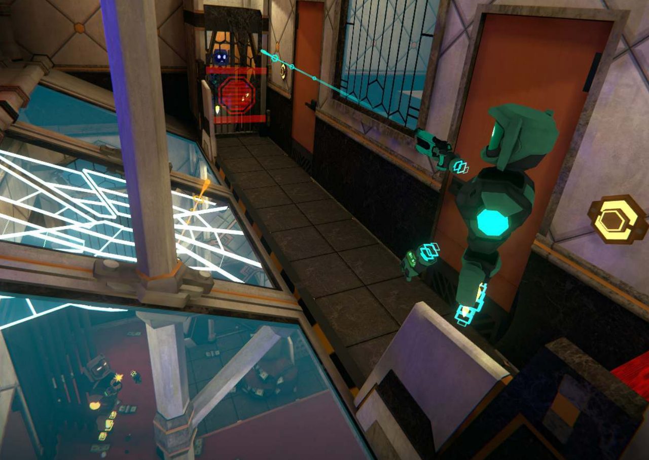 Speler richt op tegenstander in neon arena